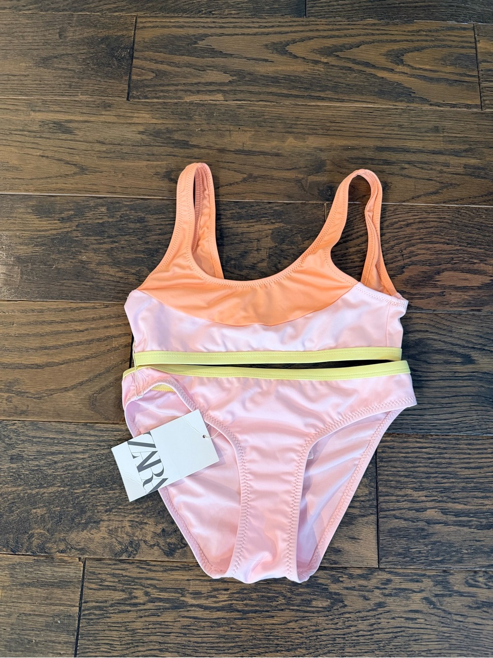 ZARA Girls' Pink & Peach Two-Piece Swimsuit with Yellow Trim NWT